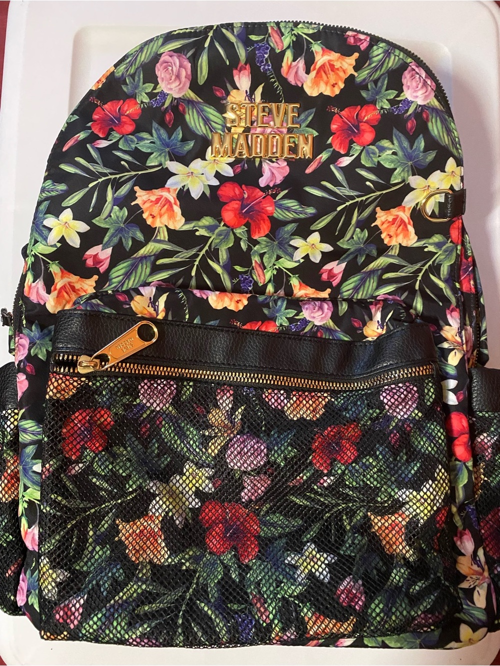 Steve Madden Black Floral Backpack with Gold Logo